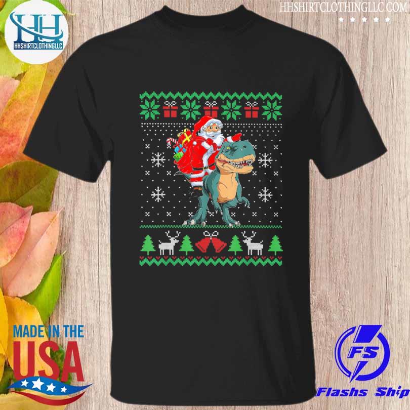 Santa riding dinosaur t rex dinosaur Christmas ugly sweater