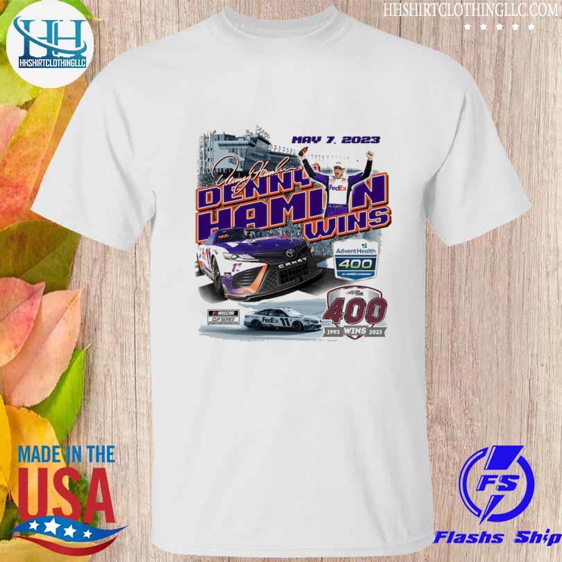 Enny hamlin checkered flag sports white 2023 adventhealth 400 race winner shirt