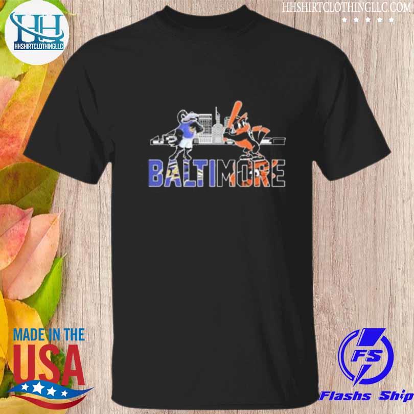 The oriole bird and poe mascots baltimore skyline sports shirt