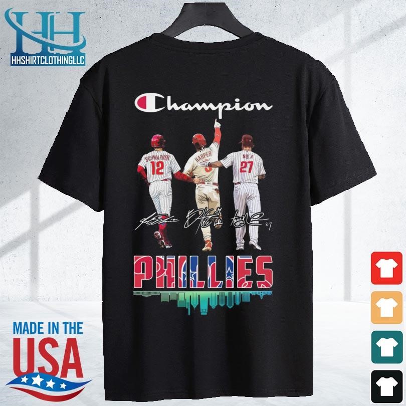 Champion Kyle Schwarber Bryce Harper And Aaron Nola Phillies city line  signature shirt, hoodie, sweater, long sleeve and tank top