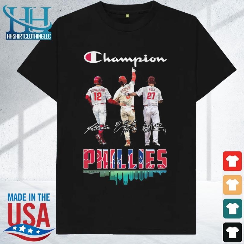 Official Philadelphia Phillies Skyline Champions Kyle Schwarber Bryce  Harper And Aaron Nola Signatures shirt, hoodie, sweater, long sleeve and  tank top